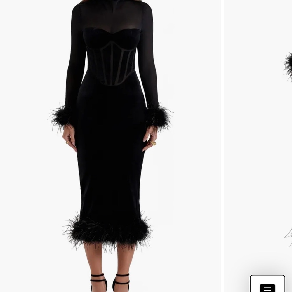 NWOT House of CB Lianna Feather Trim Long Sleeve Corset Midi Dress XS